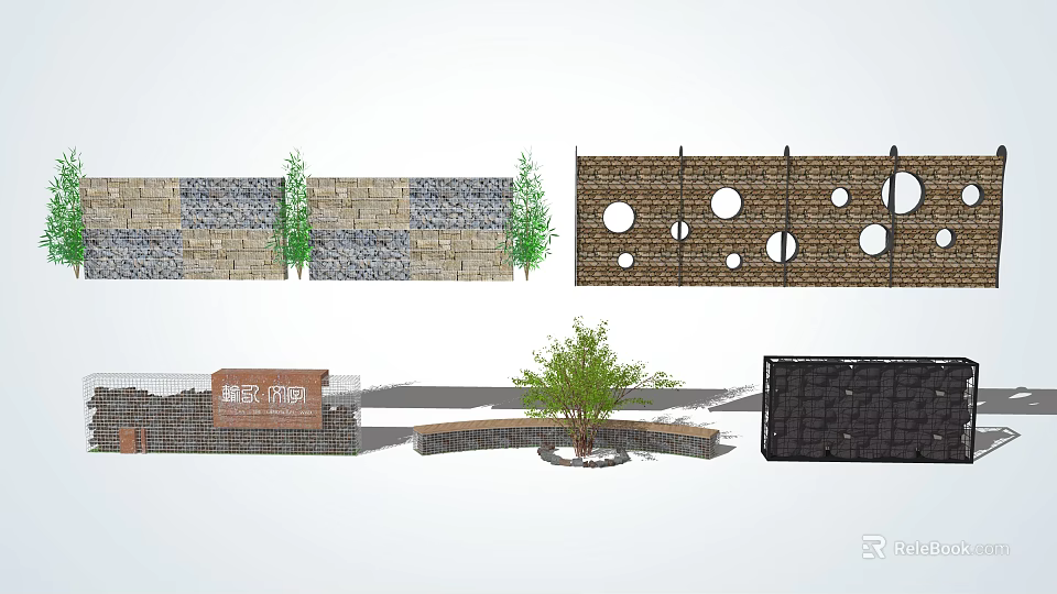 Creative Garden Feature Wall Design with Stone Sections Circular Openings Greenery and Text Signage 3d model