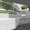 Modern Commercial Complex Architectural Exterior With Glass Curtain Wall Greenery And Water Features