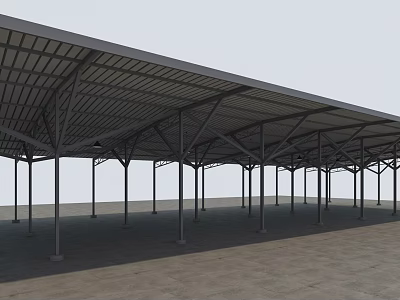 Large Metal Roof Structure With Multiple Supporting Columns And Open Truss Design 3d model