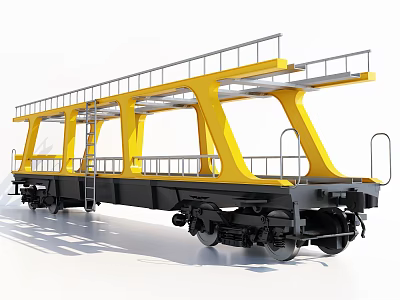 Yellow Railway Flat Car Featuring Metal Frame Ladder And Black Undercarriage Wheels 3d model