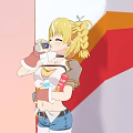 Cartoon Game Character Blonde Girl Standing By Anthropomorphic Vending Machine Holding Doll In Orange Background