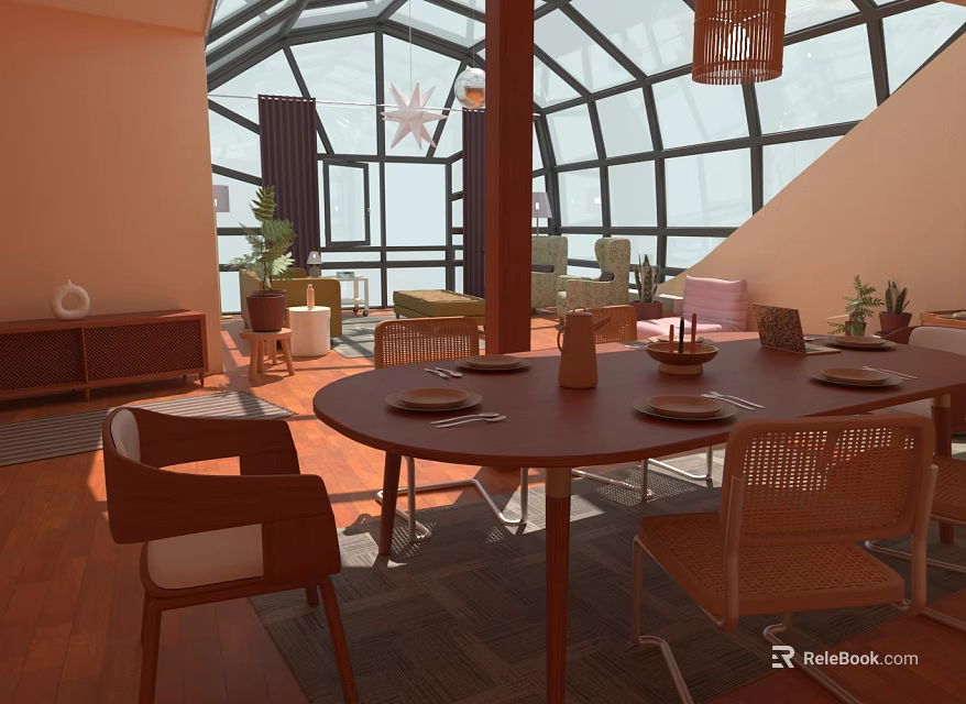 Bright Interior Space With Glass Walls Dining Table Wooden Chairs Plants And Hanging Lamp 3d model 