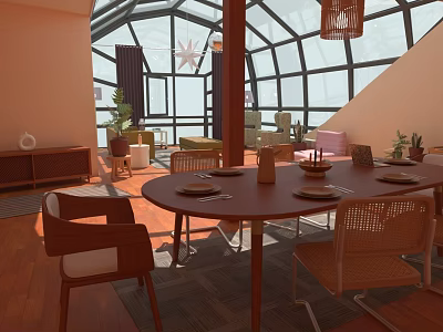 Bright Interior Space With Glass Walls Dining Table Wooden Chairs Plants And Hanging Lamp 3d model