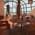 Bright Interior Space With Glass Walls Dining Table Wooden Chairs Plants And Hanging Lamp