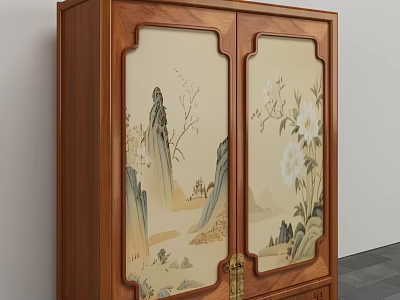 Traditional Wooden Storage Cabinet with Double Doors Featuring Landscape and Floral Paintings 3d model