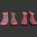 Pink Rain Boots With Checkered Cuffs Black Soles And Reflections On Black Glossy Surface