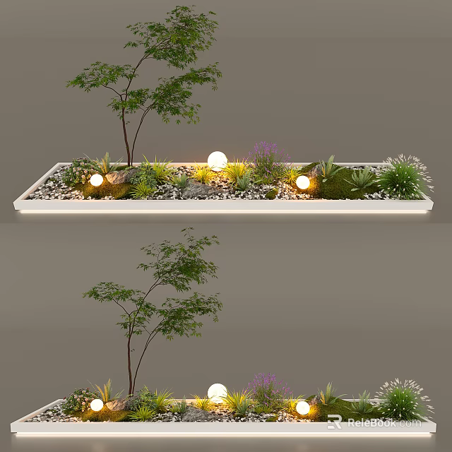 Indoor Landscape Design With Rectangular Planter Tree Grass Stones And Globe Lights 3d model 