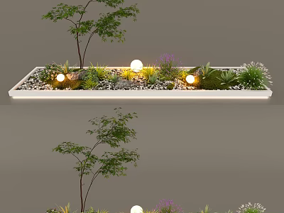 Indoor Landscape Design With Rectangular Planter Tree Grass Stones And Globe Lights 3d model