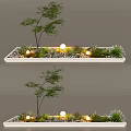 Indoor Landscape Design With Rectangular Planter Tree Grass Stones And Globe Lights