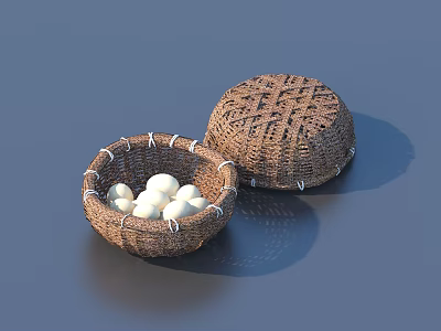 Wicker Household Storage Baskets With Open Container Holding White Balls And Covered Lid 3d model