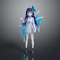 Game And Movie Character With Blue Long Hair Butterfly Hairpiece Light Blue White Outfit And Flowing Blue Ribbons