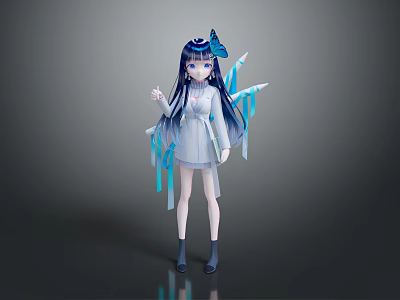 Game And Movie Character With Blue Long Hair Butterfly Hairpiece Light Blue White Outfit And Flowing Blue Ribbons 3d model