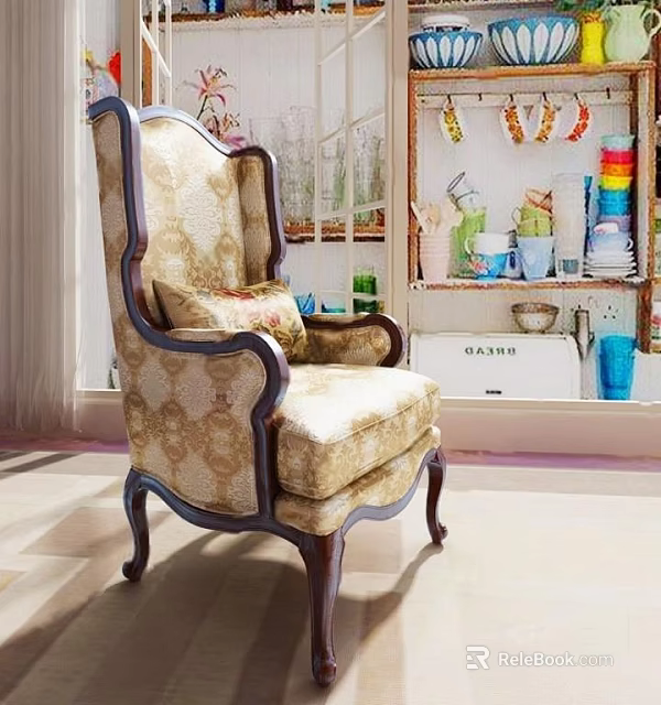 Elegant Classic Upholstered Armchair With Floral Pattern And Dark Wooden Legs 3d model 