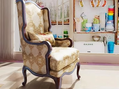 Elegant Classic Upholstered Armchair With Floral Pattern And Dark Wooden Legs 3d model