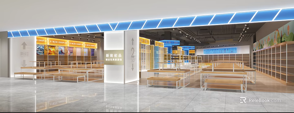 Modern Retail Store With Fresh Products Signage And Spacious Shelf Display Areas 3d model 