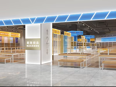 Modern Retail Store With Fresh Products Signage And Spacious Shelf Display Areas 3d model