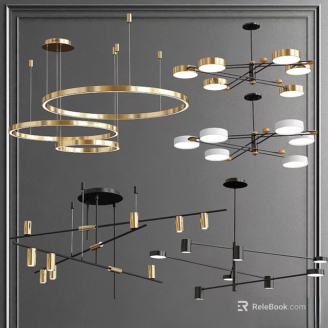 Modern Chandeliers with Gold Circular Frames and Black Geometric Structures for Interior Lighting 3d model