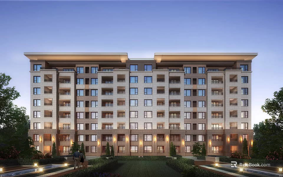 Semi Detached Villa Modern Exterior Design With Balconies Windows And Landscaping Lighting 3d model 