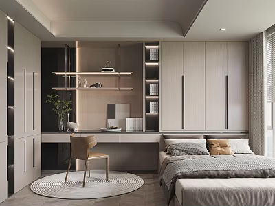 Modern Tatami Bedroom With Bed Desk Bookshelves Storage Cabinets And Round Rug 3d model