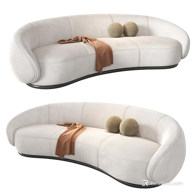 Curved White Sectional Sofa With Brown Throw Blanket And Round Pillows 3d model
