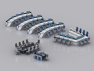Curved Office Desks With Multiple Workstations Computers And Chairs In Modern Setup 3d model