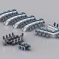 Curved Office Desks With Multiple Workstations Computers And Chairs In Modern Setup 3d model