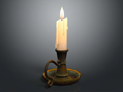 Burning White Candle On Decorative Metal Candlestick With Curved Handle And Tray 3d model