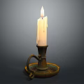 Burning White Candle On Decorative Metal Candlestick With Curved Handle And Tray