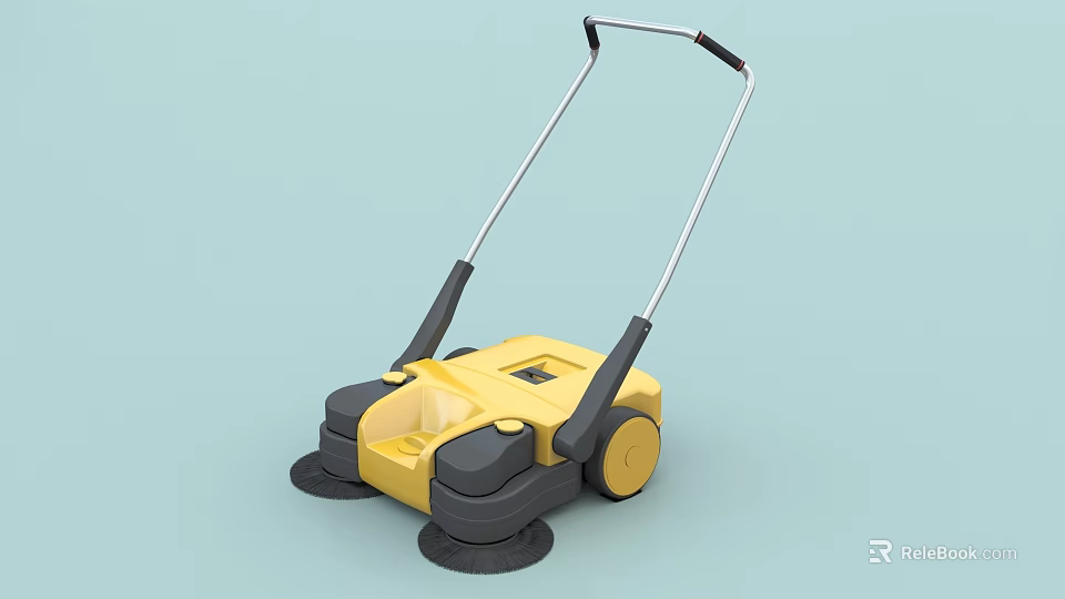 Yellow Hand Push Industrial Cleaning Equipment with Floor Brushes and Wheels 3d model 