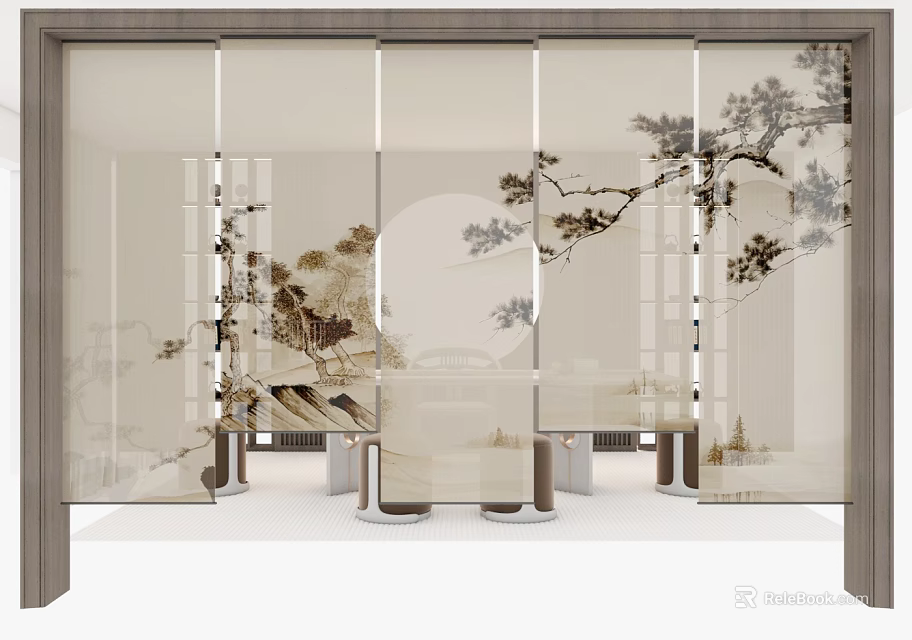 Chinese Style Screen With Ink Pine And Landscape For Interior Decoration 3d model