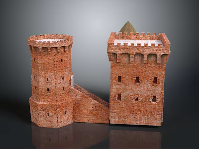 Red Brick Architectural Twin Towers Featuring Connecting Staircase Windows And Pinnacle 3d model