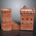 Red Brick Architectural Twin Towers Featuring Connecting Staircase Windows And Pinnacle