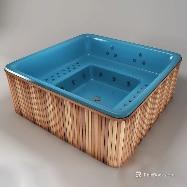 Contemporary Blue Bathtub with Wooden Strip Exterior and Massage Jets 3d model 