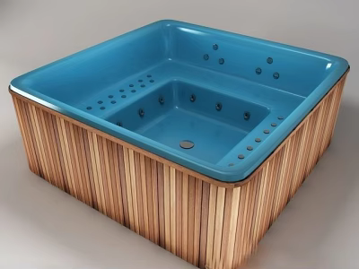 Contemporary Blue Bathtub with Wooden Strip Exterior and Massage Jets 3d model