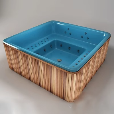 Contemporary Blue Bathtub with Wooden Strip Exterior and Massage Jets 3d model