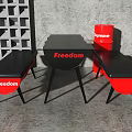 Modern Dining Table Set With Black Tabletop And Red Freedom Lettering Chairs 3d model