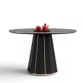 Modern Round Black Dining Table With Geometric Striped Base And Red Teapot Cups 3d model