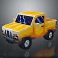 Vibrant Pixel Art Yellow Truck 3D Rendered With Shiny Wheels And Reflective Surface