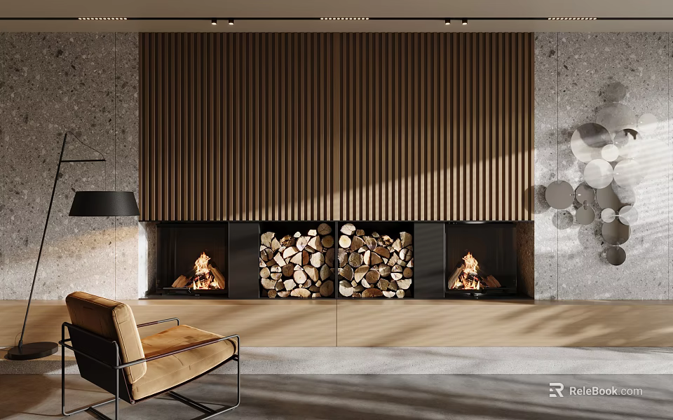 Modern Interior With Burning Fireplaces Wooden Slat Wall Stacked Firewood In Center Accent Armchair 3d model 