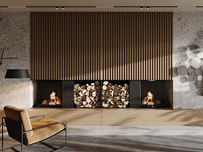 Modern Interior With Burning Fireplaces Wooden Slat Wall Stacked Firewood In Center Accent Armchair 3d model