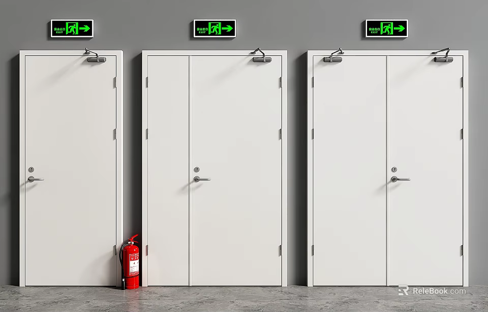Three White Fire Safety Doors With Green Exit Signs And Red Extinguisher 3d model 