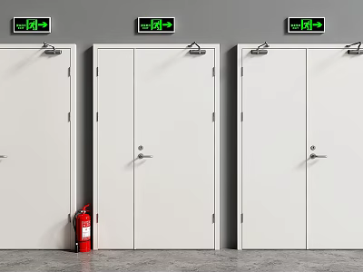 Three White Fire Safety Doors With Green Exit Signs And Red Extinguisher 3d model