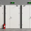 Three White Fire Safety Doors With Green Exit Signs And Red Extinguisher