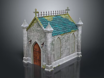 Traditional Stone Church Building With Green Tiled Roof Pointed Towers And Wooden Door 3d model
