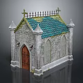 Traditional Stone Church Building With Green Tiled Roof Pointed Towers And Wooden Door