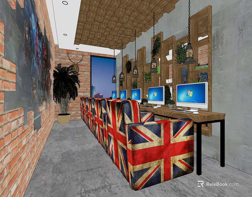 Stylish Box Interior With Union Jack Sofas Multiple Computers Brick Wall Wooden Ceiling And Plants 3d model