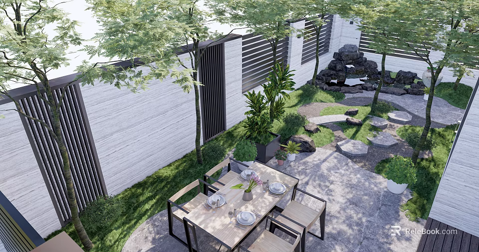 Courtyard Garden With Outdoor Dining Area Wooden Table Chairs Stone Paved Floor And Green Plants 3d model 