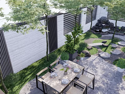 Courtyard Garden With Outdoor Dining Area Wooden Table Chairs Stone Paved Floor And Green Plants 3d model