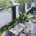 Courtyard Garden With Outdoor Dining Area Wooden Table Chairs Stone Paved Floor And Green Plants