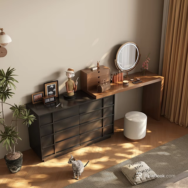 Modern Dressing Table With Round Mirror Drawers Wooden Top And White Stool With Photo Frames 3d model 